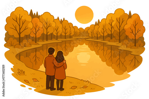 Couple enjoying autumn sunset by the lake - autumnal trees and reflection