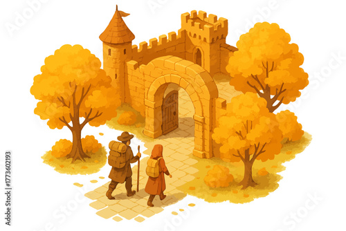 Medieval travelers approaching castle gate in autumn setting