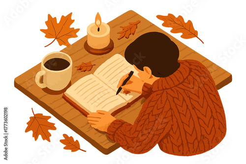 Young caucasian male writing in journal with coffee and candle in cozy autumn setting