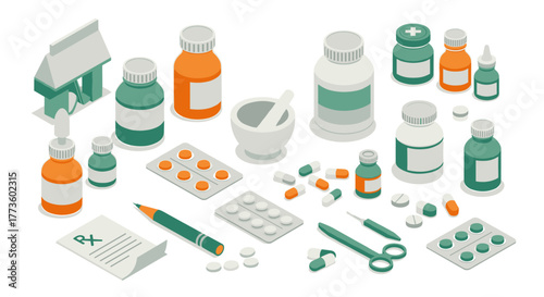 Isometric pharmacy essentials: pills, bottles, and tools in healthcare design