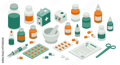 Isometric pharmacy supplies and medicine collection on white background