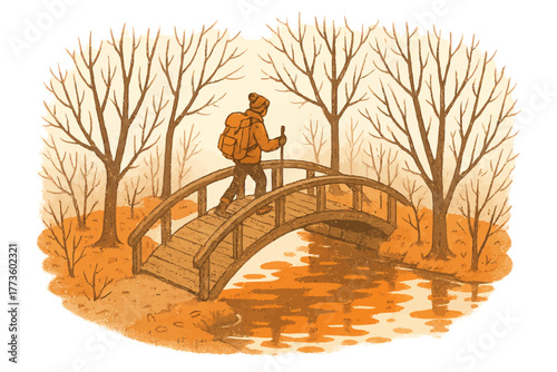 Young caucasian male hiker crossing bridge in autumn forest illustration
