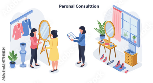 Personal style consultation with modern fashion choices in isometric design