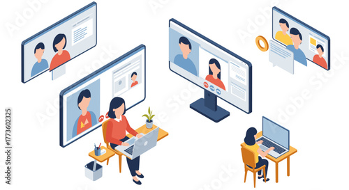 Diverse remote work collaboration in isometric style with online meetings