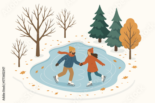 Young caucasian couple ice skating on a frozen pond in autumn