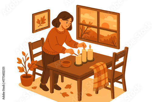 Cozy autumn evening with female setting candles in warmly lit room