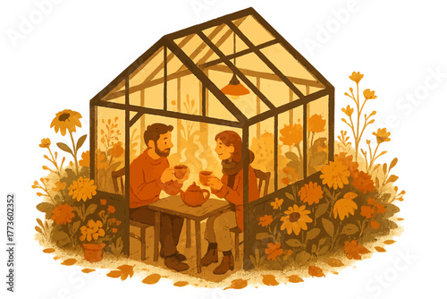 Young caucasian couple enjoying tea in cozy greenhouse surrounded by autumn flowers