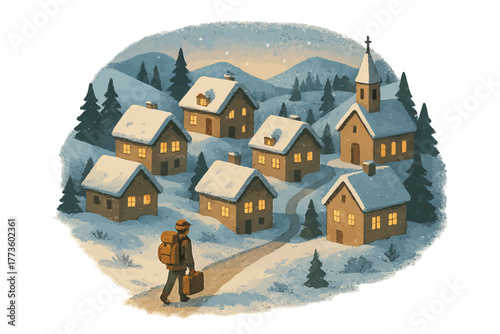 Snow-covered village at night with traveler walking in winter landscape