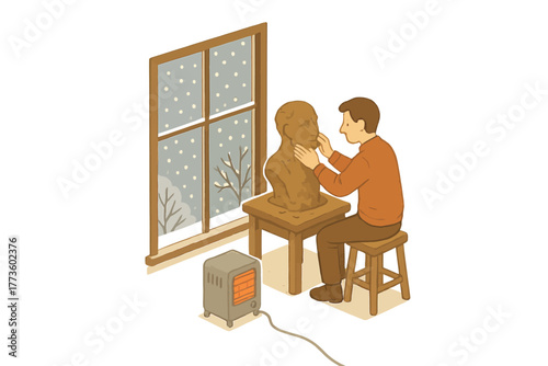 Young caucasian male sculpting clay bust in cozy winter room with heater