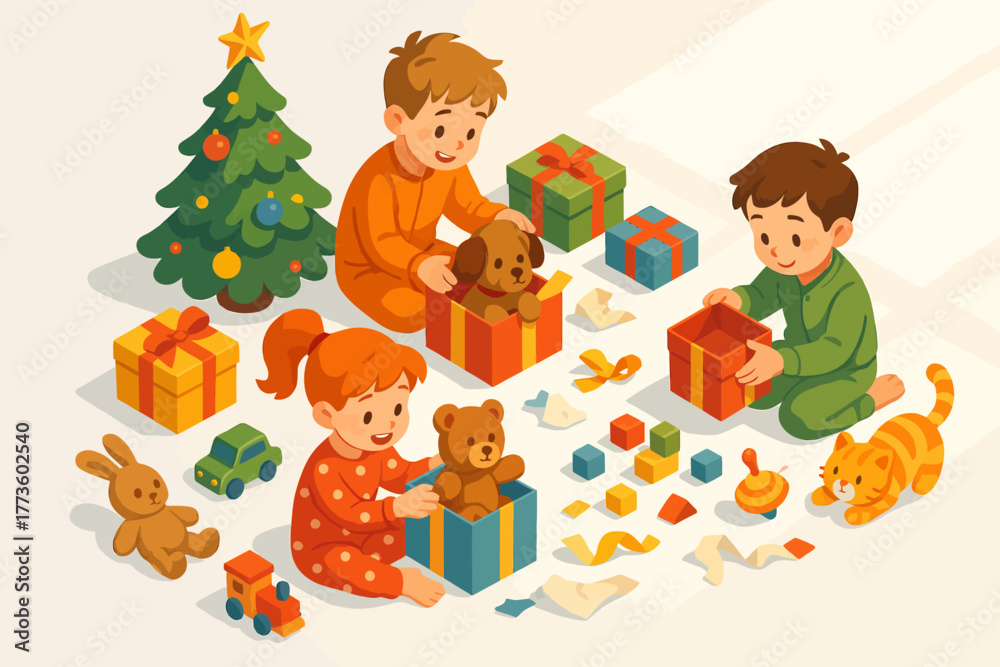 Fototapeta premium Caucasian children opening presents with toys and christmas tree