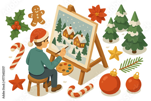 Male artist painting christmas scene with festive elements and decorations
