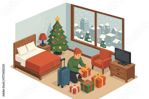 Young caucasian male preparing presents in cozy christmas-themed hotel room