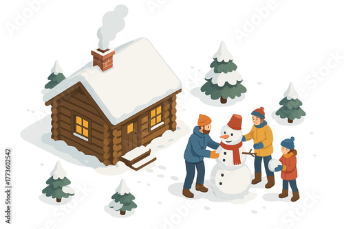 Winter fun: diverse adults building snowman near cozy cabin in snowy forest scene