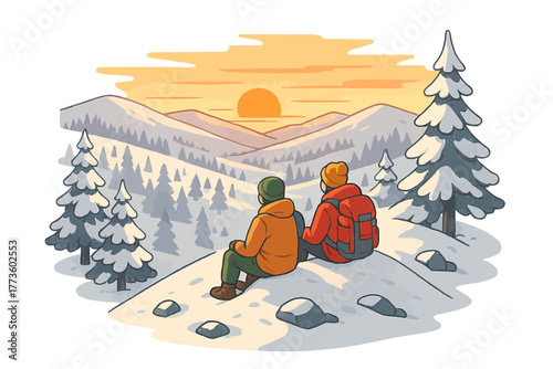 Two people watching sunset in snowy mountain landscape with pine trees