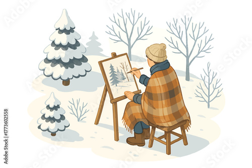 Female artist painting winter landscape in snowy forest setting