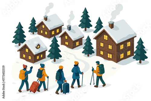 Group of travelers approaching cozy winter cabins in snowy landscape
