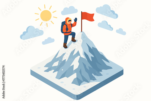 Triumphant male climber on mountain summit holding flag in sunny winter scene