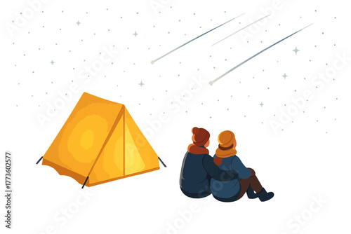 Couple enjoying starlit night in winter with glowing tent and meteor shower