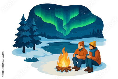 Couple enjoys aurora borealis by campfire in snowy landscape
