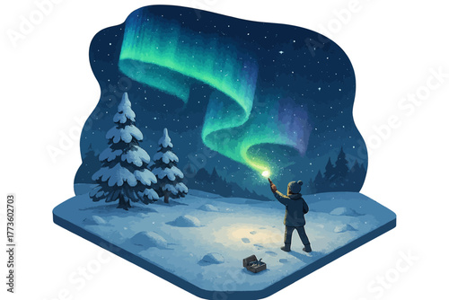 Young male watching northern lights in snowy landscape at night