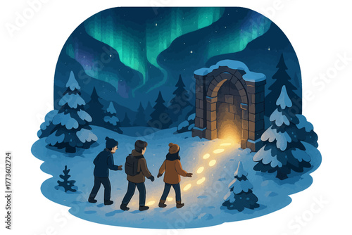 Three adventurers discover glowing portal in enchanted winter forest under northern lights