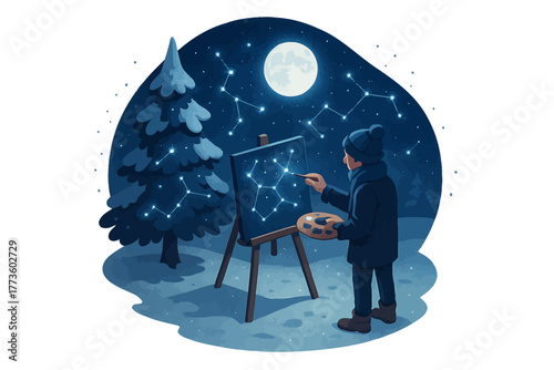 Young caucasian male artist painting constellations under moonlit sky