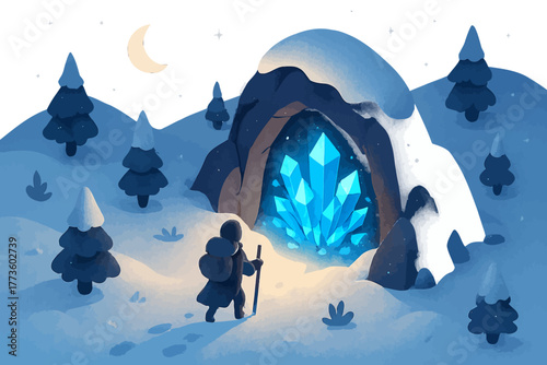 Mysterious winter cave with luminous crystals and traveler under moonlit sky