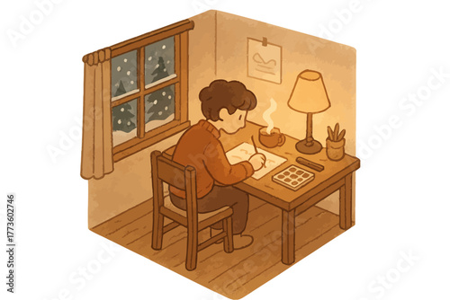 Cozy winter study scene: young male writing in warm upper room with snowy outdoor view