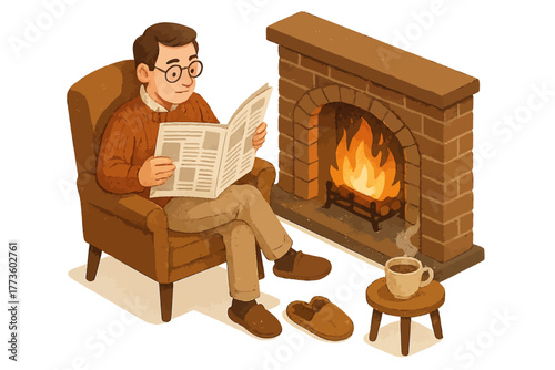 Caucasian male reading newspaper by fireplace with coffee in cozy living room