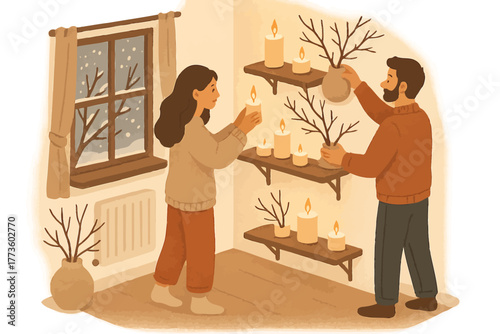 Cozy winter scene with young caucasian couple decorating a room with candles