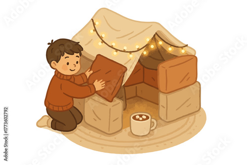 Young caucasian child building blanket fort with fairy lights and hot chocolate