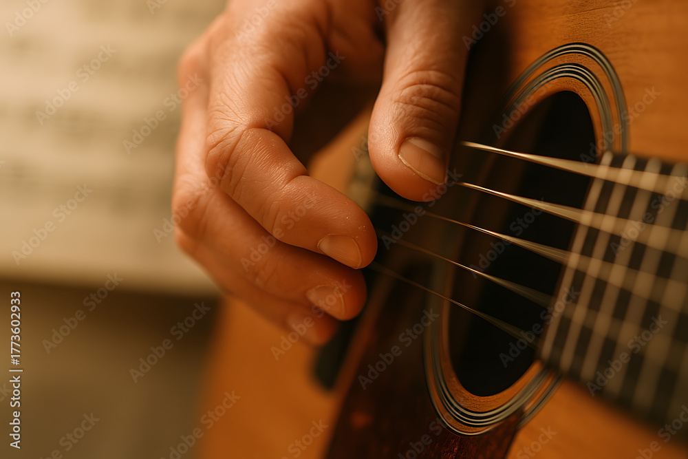 Fototapeta premium Close-up of a hand playing acoustic guitar, strings in focus.