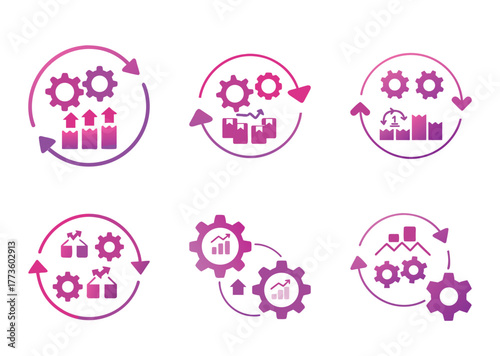 Collection of business and production process icon representing continuous improvement, loop