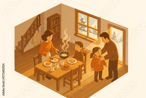 Cozy winter morning family breakfast scene with young caucasian parents and children