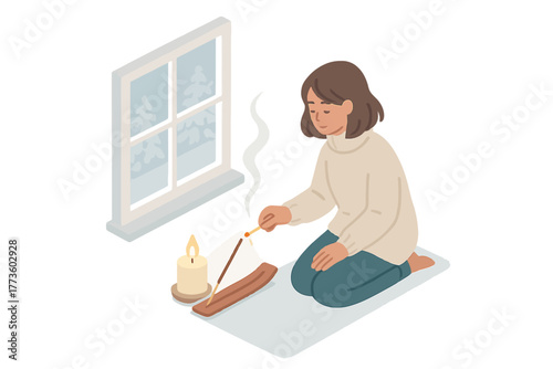 Young caucasian female lighting incense by candle on winter evening
