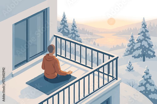Male meditating on winter balcony with snowy landscape view during sunset
