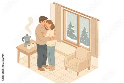 Cozy embrace of young caucasian couple in winter home with snowy window view