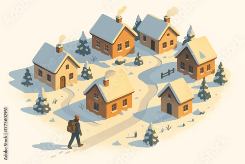 Snowy village scene with houses and traveler in winter landscape