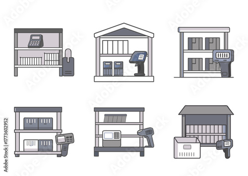 Different views of warehouse shelves with goods and barcode scanner devices