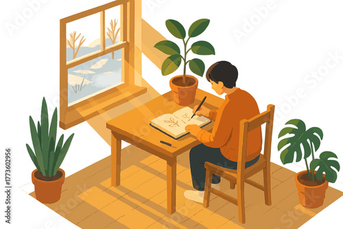 Young asian male drawing in cozy sunlit room with potted plants