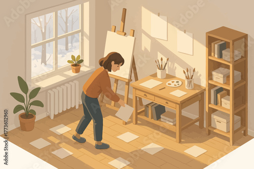 Female artist organizing papers in cozy sunlit art studio