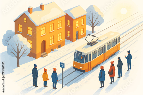 Winter cityscape with people waiting for tram near snow-covered houses