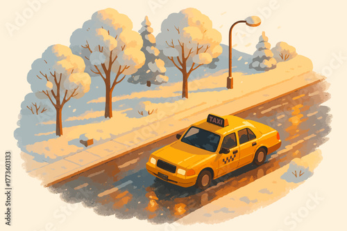Yellow taxi driving on snowy winter road with streetlamp and snow-covered trees