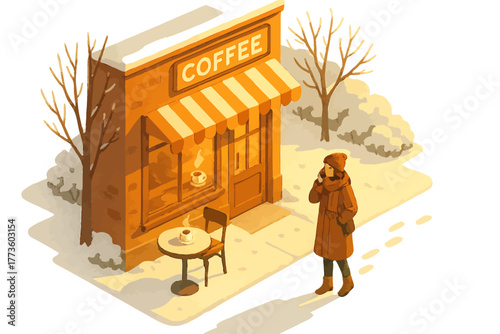Cozy winter café scene with female customer in warm attire