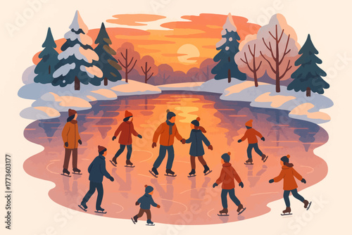 Families ice skating on frozen lake at sunset amid snowy landscape and winter trees
