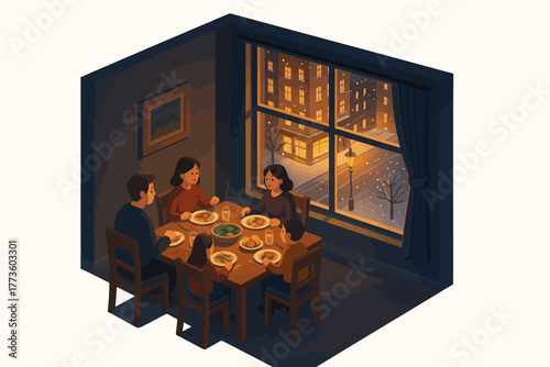 Cozy family dinner scene in warmly lit apartment on winter evening