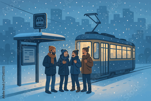 Winter evening tram stop: group of diverse adults enjoying snowfall in urban setting