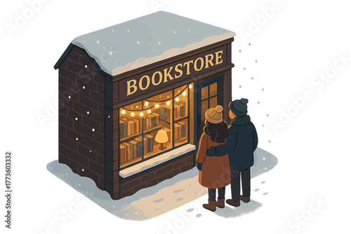 Couple enjoying cozy winter evening outside snowy bookstore