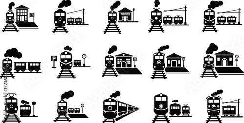 Black and white train icons, railway station symbols, locomotive silhouette, transport design, metro signs, subway illustration, travel pictogram, transportation vector set