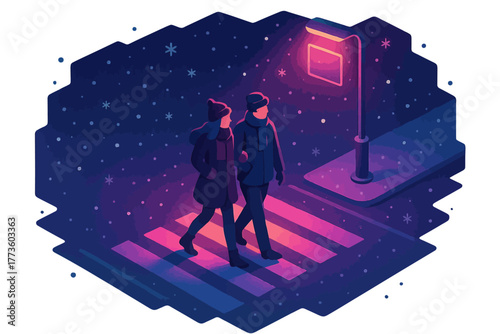 Young couple strolling in snowy night under streetlamp in winter wonderland